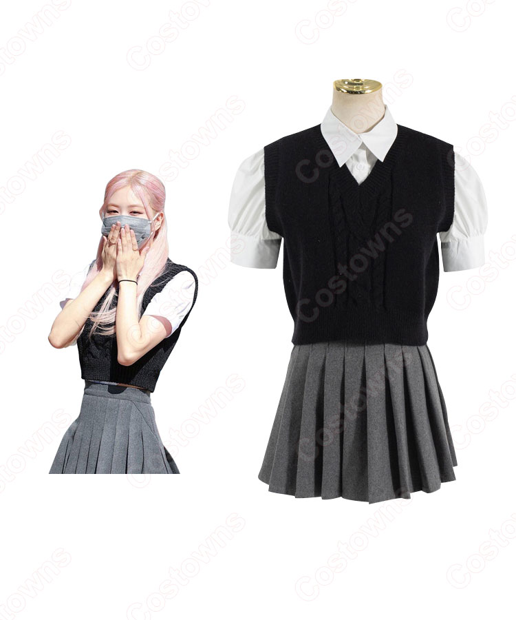 ROSE(ロゼ)学園風 演出服『BLACKPINK』Knowing Bros ステージ衣装 韓国 アイドル 衣装 通学 女子校生 制服 可愛い 仮装 団体服 Vネック 黒ベスト 白シャツ プリーツスカート 3点セット-3