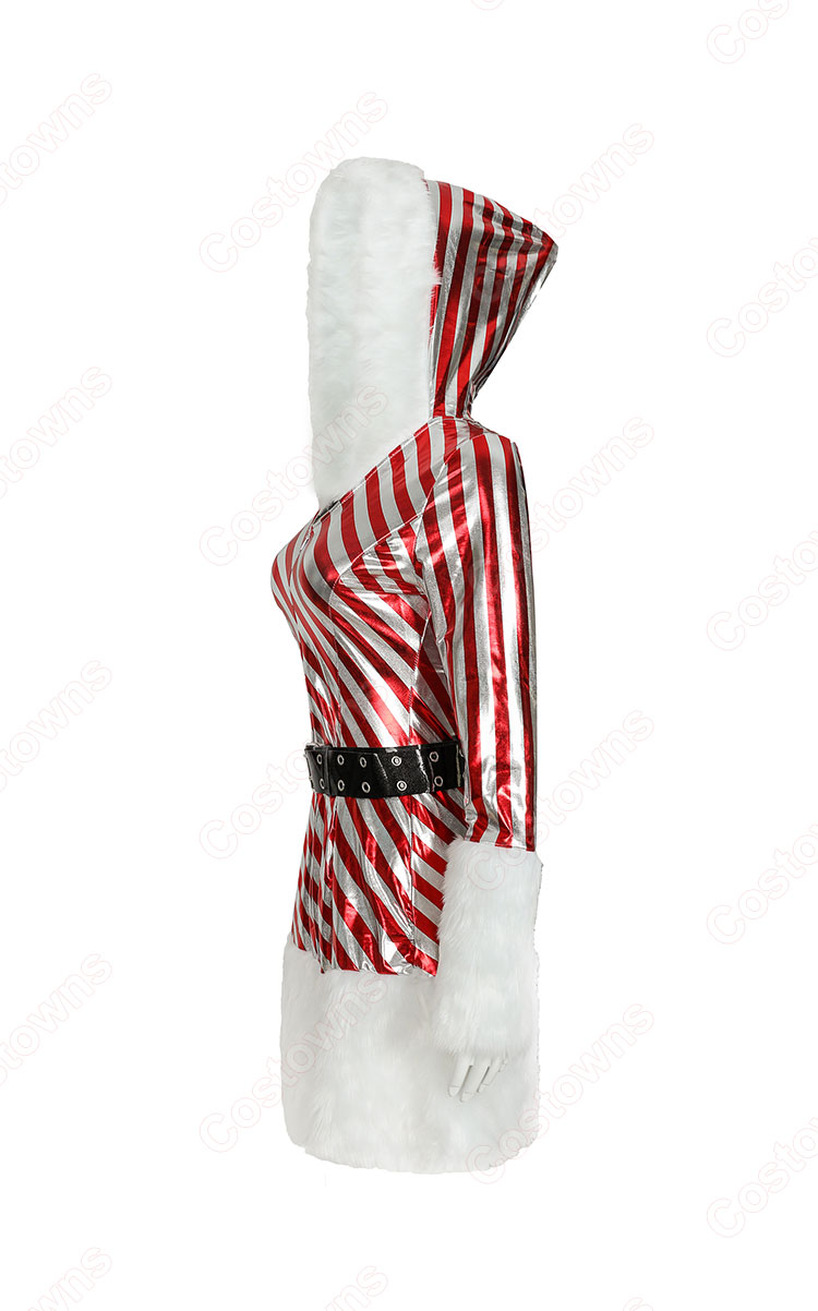 クリスマス コスチューム サンタ コスプレ レディース セクシー パーティーコス シンプル 可愛い 縞 ワンピース サンタクロース 防寒 衣装 長袖 フード付き ワンピース-4