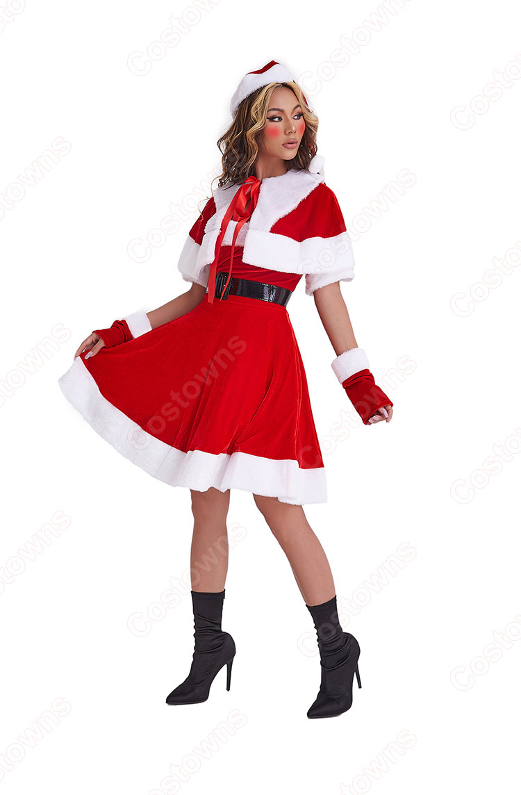 クリスマス コスチューム ケープ付き ワンピース サンタ コスプレ レディース セクシー 着痩せ サンタ ワンピース ベアトップ ワンピース サンタクロース 衣装 5点 セット-3