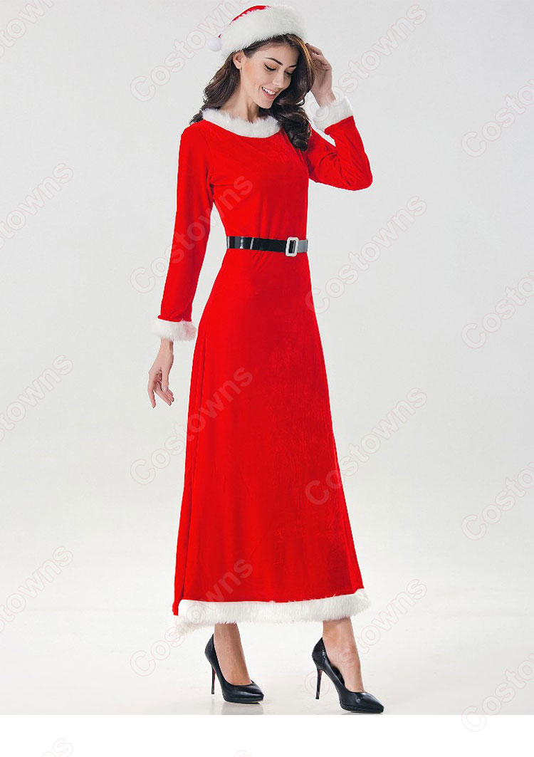 サンタガール コスプレ チュニック クリスマス コスチューム 赤 ロングサンタ コス衣装 長袖 ワンピース U襟 レトロワンピース 着痩せ サンタ ワンピース 仮装 クリスマス グッズ-6