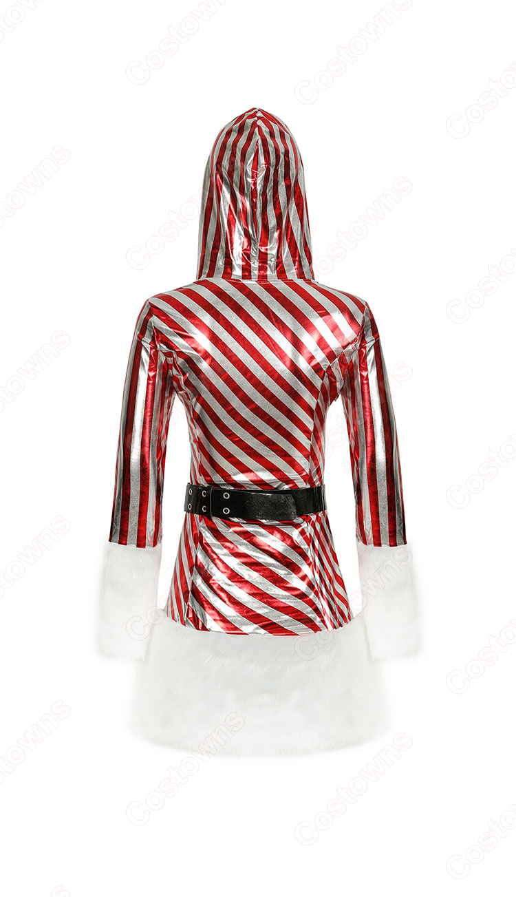 クリスマス コスチューム サンタ コスプレ レディース セクシー パーティーコス シンプル 可愛い 縞 ワンピース サンタクロース 防寒 衣装 長袖 フード付き ワンピース-5