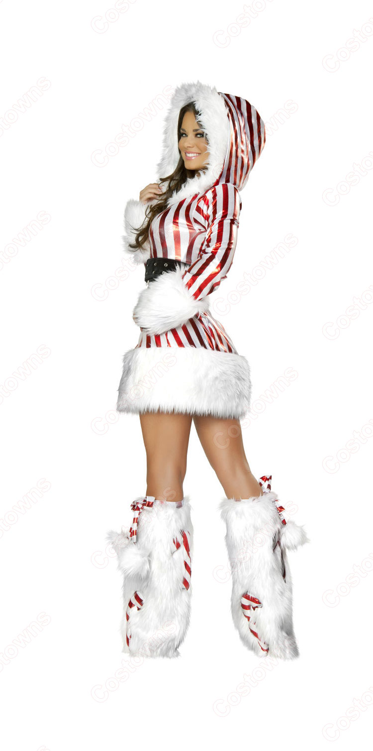 クリスマス コスチューム サンタ コスプレ レディース セクシー パーティーコス シンプル 可愛い 縞 ワンピース サンタクロース 防寒 衣装 長袖 フード付き ワンピース-2