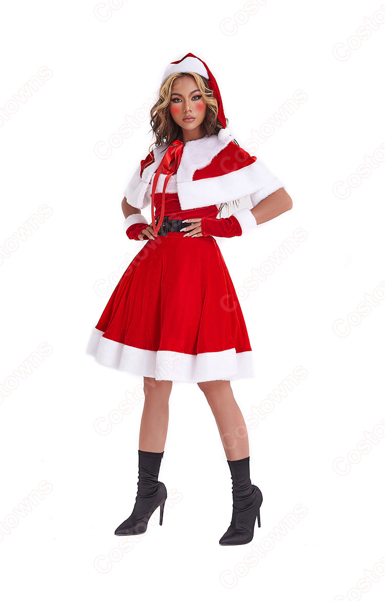 クリスマス コスチューム ケープ付き ワンピース サンタ コスプレ レディース セクシー 着痩せ サンタ ワンピース ベアトップ ワンピース サンタクロース 衣装 5点 セット-4