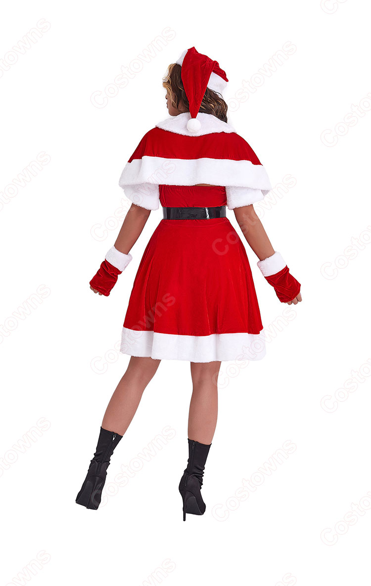 クリスマス コスチューム ケープ付き ワンピース サンタ コスプレ レディース セクシー 着痩せ サンタ ワンピース ベアトップ ワンピース サンタクロース 衣装 5点 セット-2
