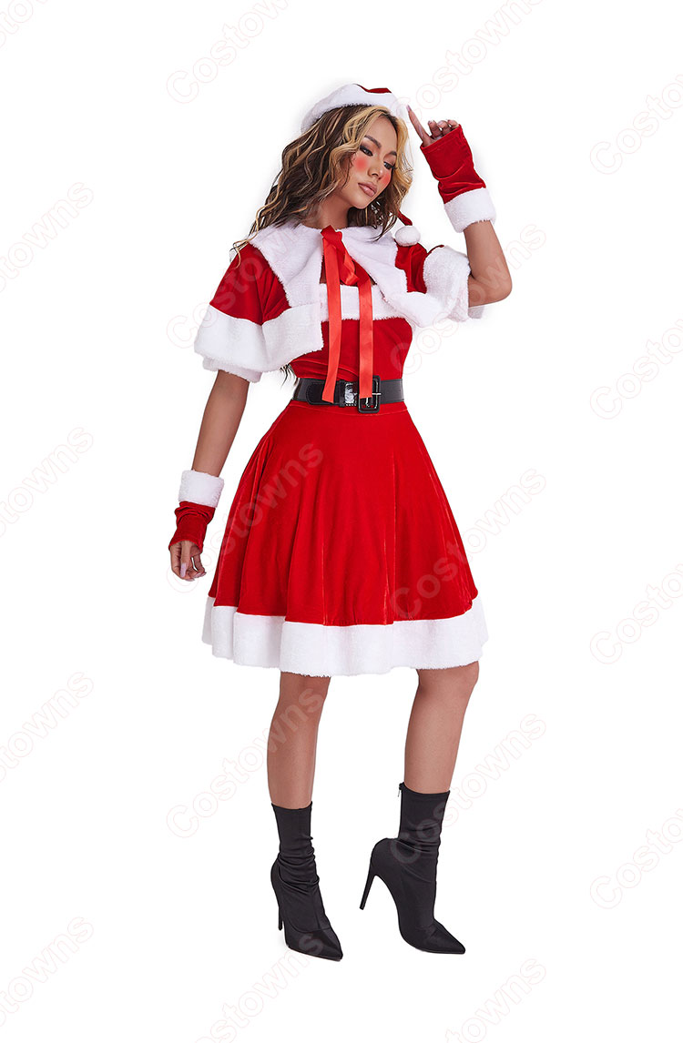 クリスマス コスチューム ケープ付き ワンピース サンタ コスプレ レディース セクシー 着痩せ サンタ ワンピース ベアトップ ワンピース サンタクロース 衣装 5点 セット-6