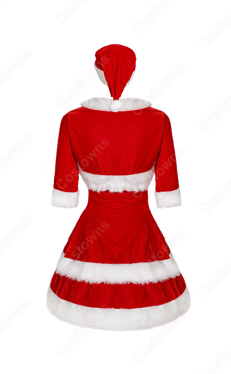 クリスマス コスチューム 2段フリルワンピース サンタ コスプレ レディース セクシー パーティー コス ベアトップ ワンピース サンタクロース 衣装 ケープ付き 帽子 ワンピース 3点 セット-4
