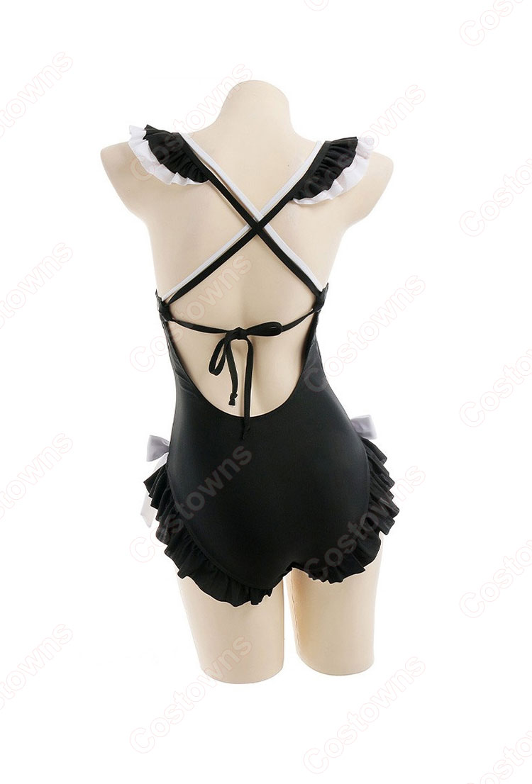 メイド 水着 黒と白のメイド服 可愛い レオタード 水着ボディスーツ-4