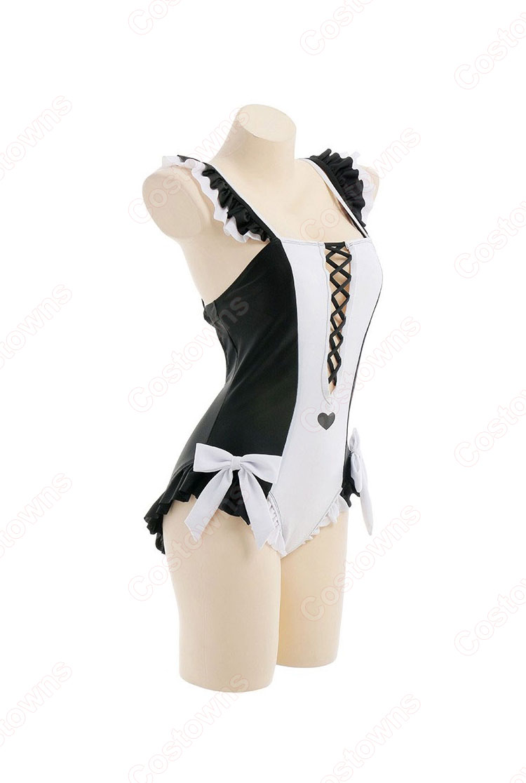 メイド 水着 黒と白のメイド服 可愛い レオタード 水着ボディスーツ-2