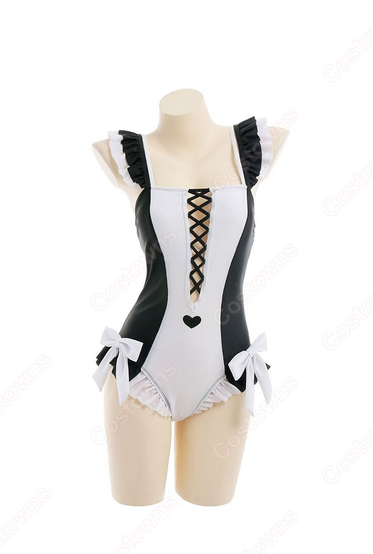 メイド 水着 黒と白のメイド服 可愛い レオタード 水着ボディスーツ-1