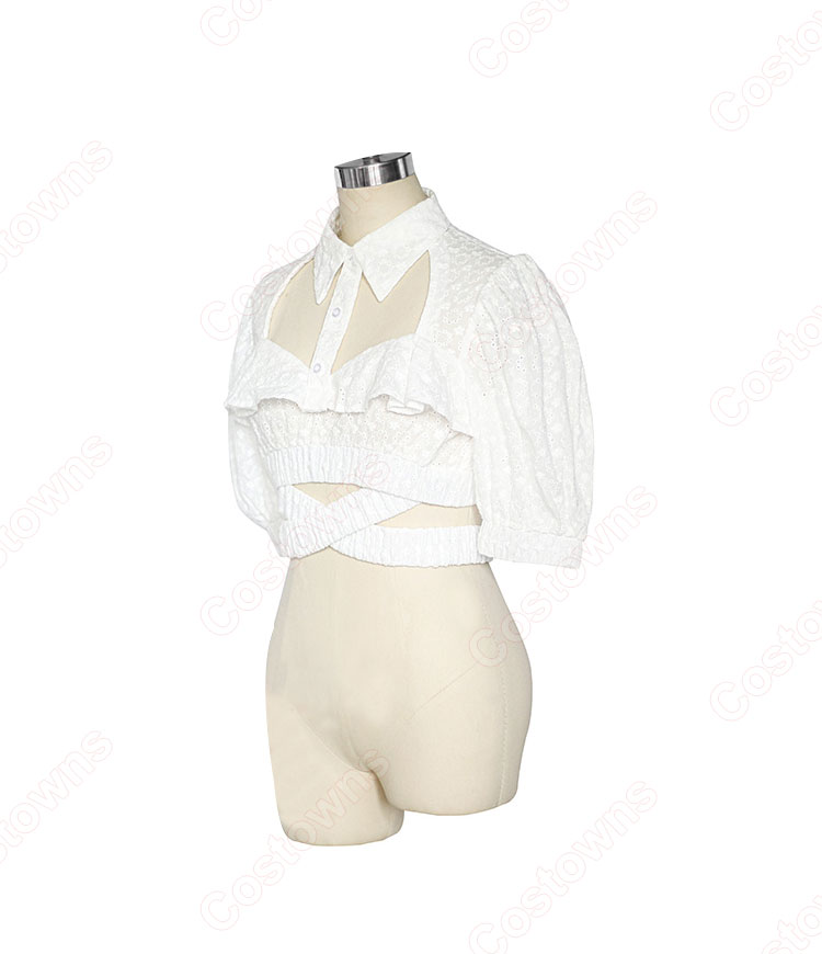 BLACKPINK LISA ジャズダンス衣装 韓国 アイドル ダンス服 日常着 半袖 パフスリーブ 襟付き カットアウト クロップドトップス-3