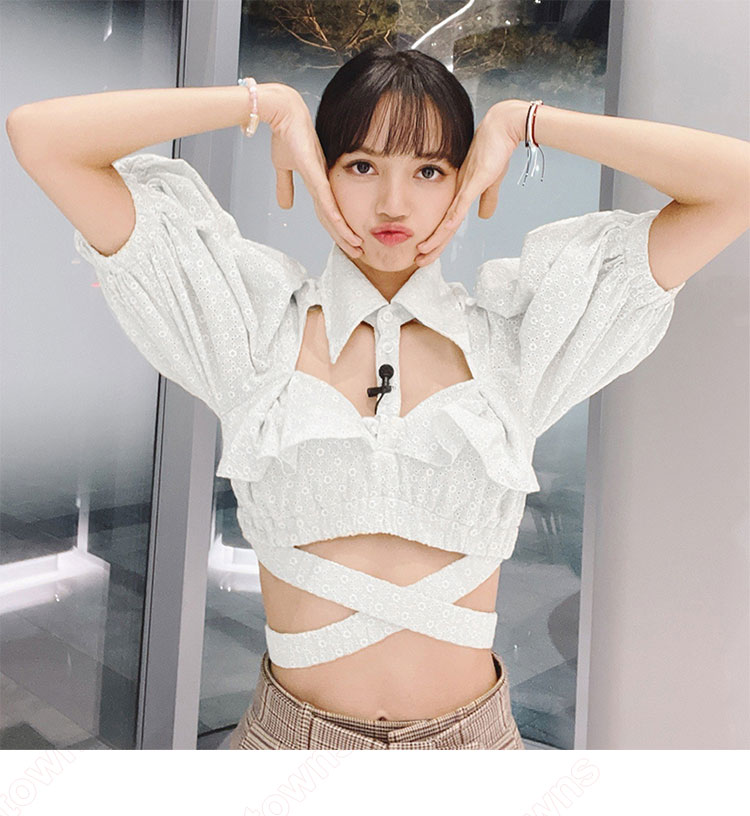 BLACKPINK LISA ジャズダンス衣装 韓国 アイドル ダンス服 日常着 半袖 パフスリーブ 襟付き カットアウト クロップドトップス-1