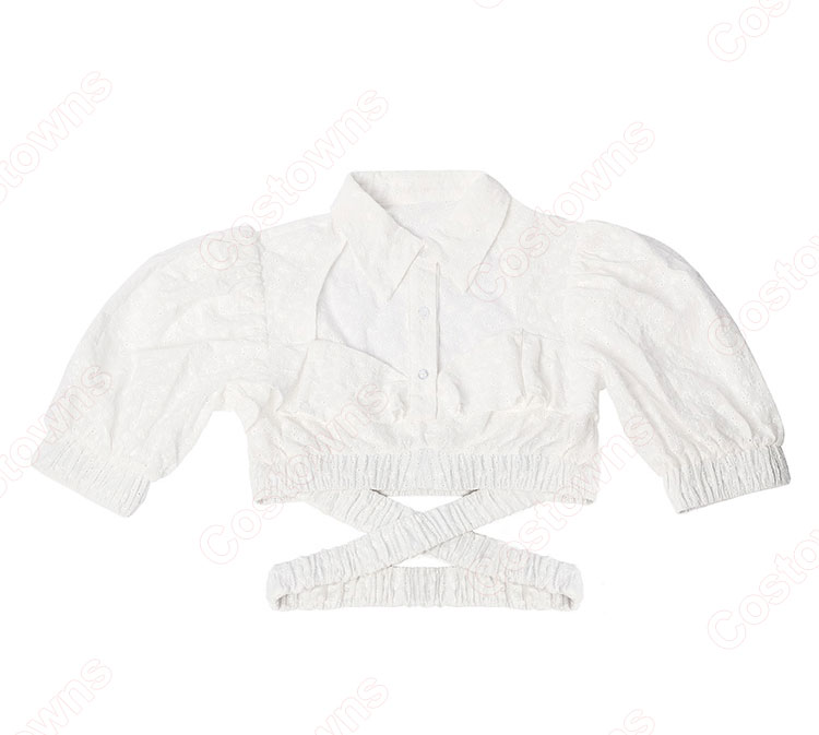 BLACKPINK LISA ジャズダンス衣装 韓国 アイドル ダンス服 日常着 半袖 パフスリーブ 襟付き カットアウト クロップドトップス-4