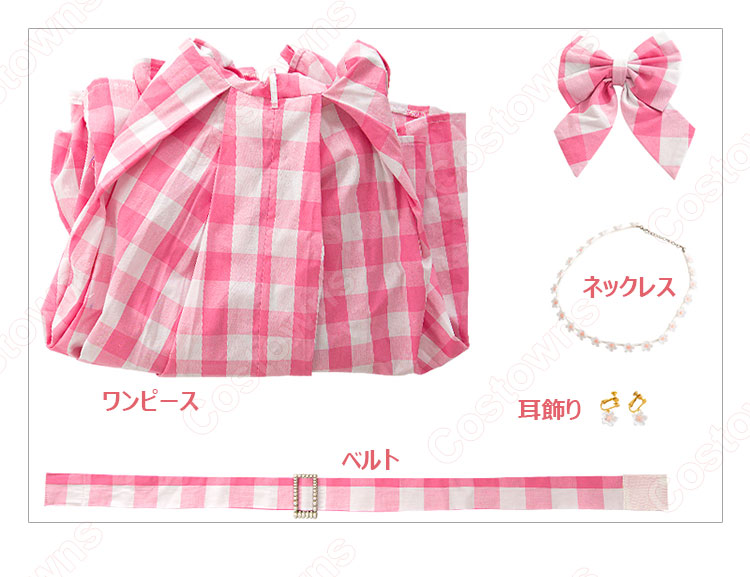 実写化映画 バービー コスプレ衣装 ピンク チェック柄 ワンピース-11