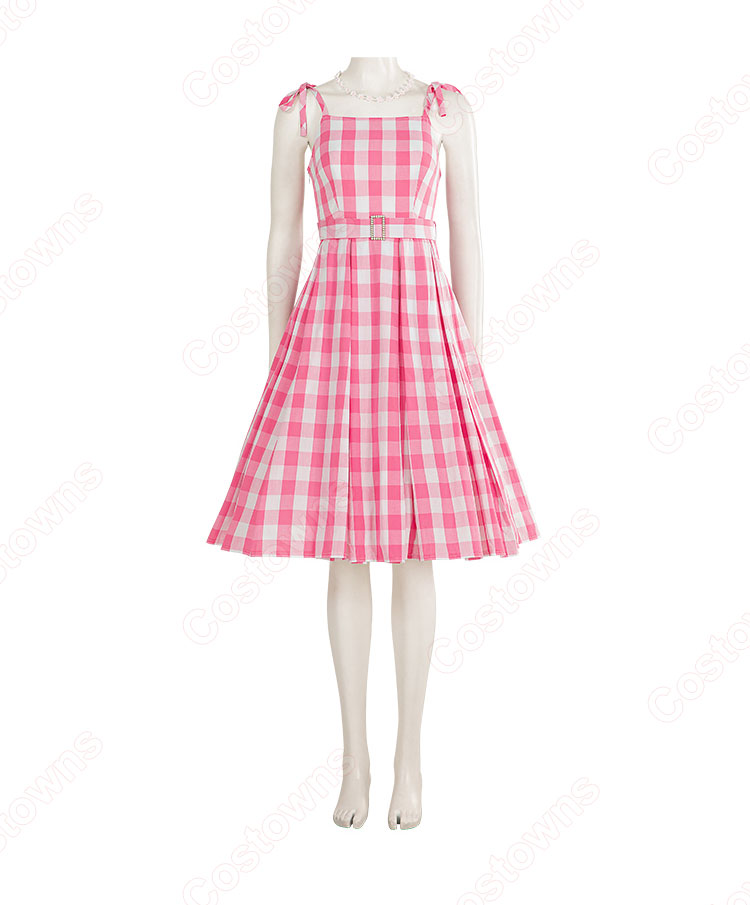 実写化映画 バービー コスプレ衣装 ピンク チェック柄 ワンピース-2