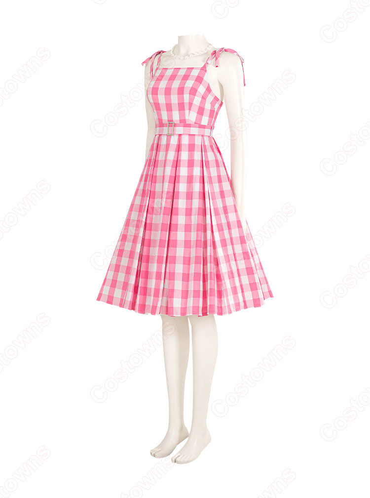 実写化映画 バービー コスプレ衣装 ピンク チェック柄 ワンピース-3