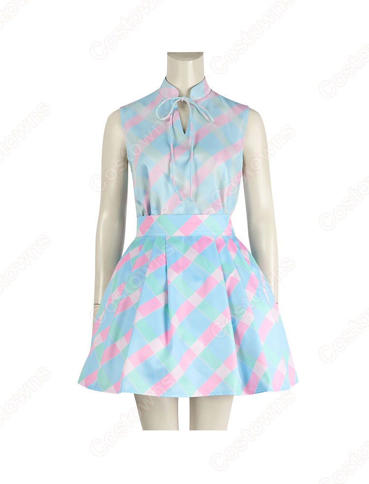 実写化映画 バービー コスプレ衣装 ブルーチェックドレス-3