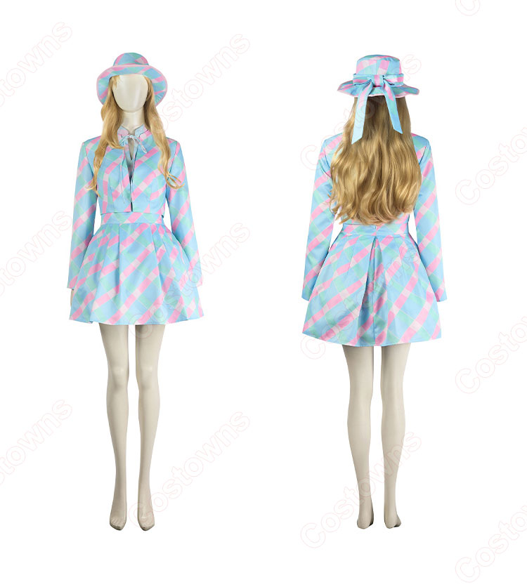 実写化映画 バービー コスプレ衣装 ブルーチェックドレス-4