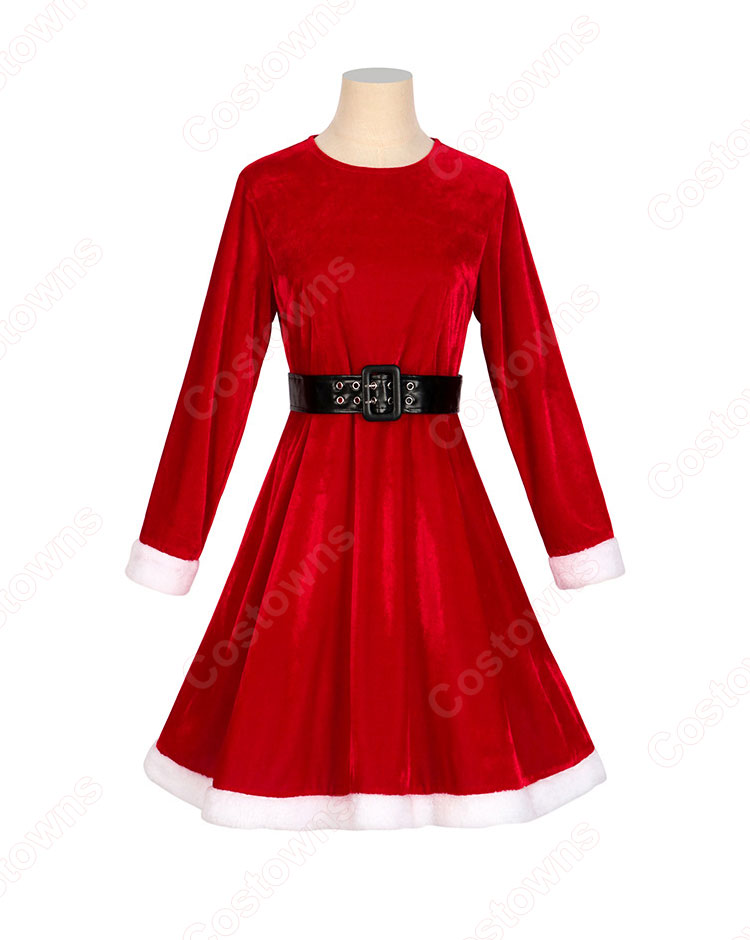 2023 クリスマス ワンピース クリスマスドレス 長袖 マント 仮装 サンタコスプレ 4点セット(マント、ワンピース、ベルト、帽子)-4