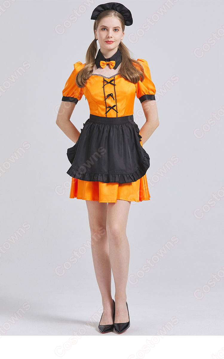 ハロウィン衣装 メイド服 コスプレ 衣装 レディース 大人用 女性用 変装 仮装 4点セット(カチューシャ、つけ襟、ワンピース、エプロン)-3