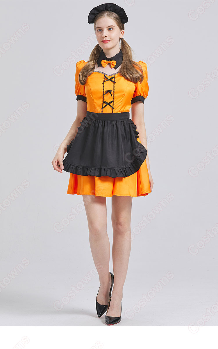 ハロウィン衣装 メイド服 コスプレ 衣装 レディース 大人用 女性用 変装 仮装 4点セット(カチューシャ、つけ襟、ワンピース、エプロン)-4