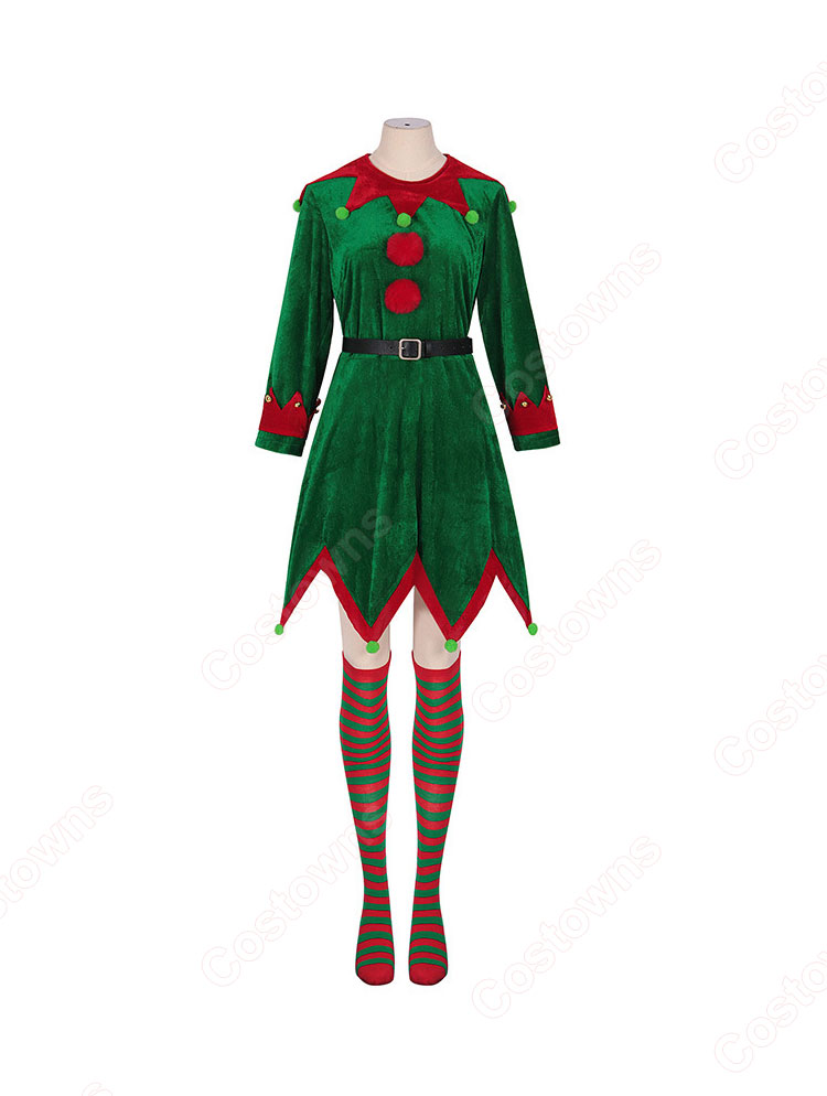 2023 クリスマス衣装 コスプレ 赤 緑 エルフ パフォーマンス 衣装 長袖 ワンピース - Costowns