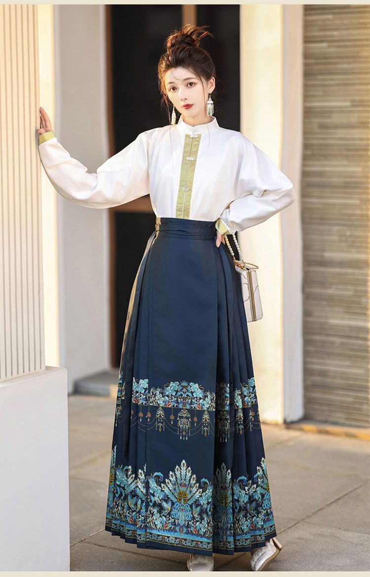 中華 漢服 馬面裙 中華風 スカート 2点 セット(立襟トップス、スカート)-8
