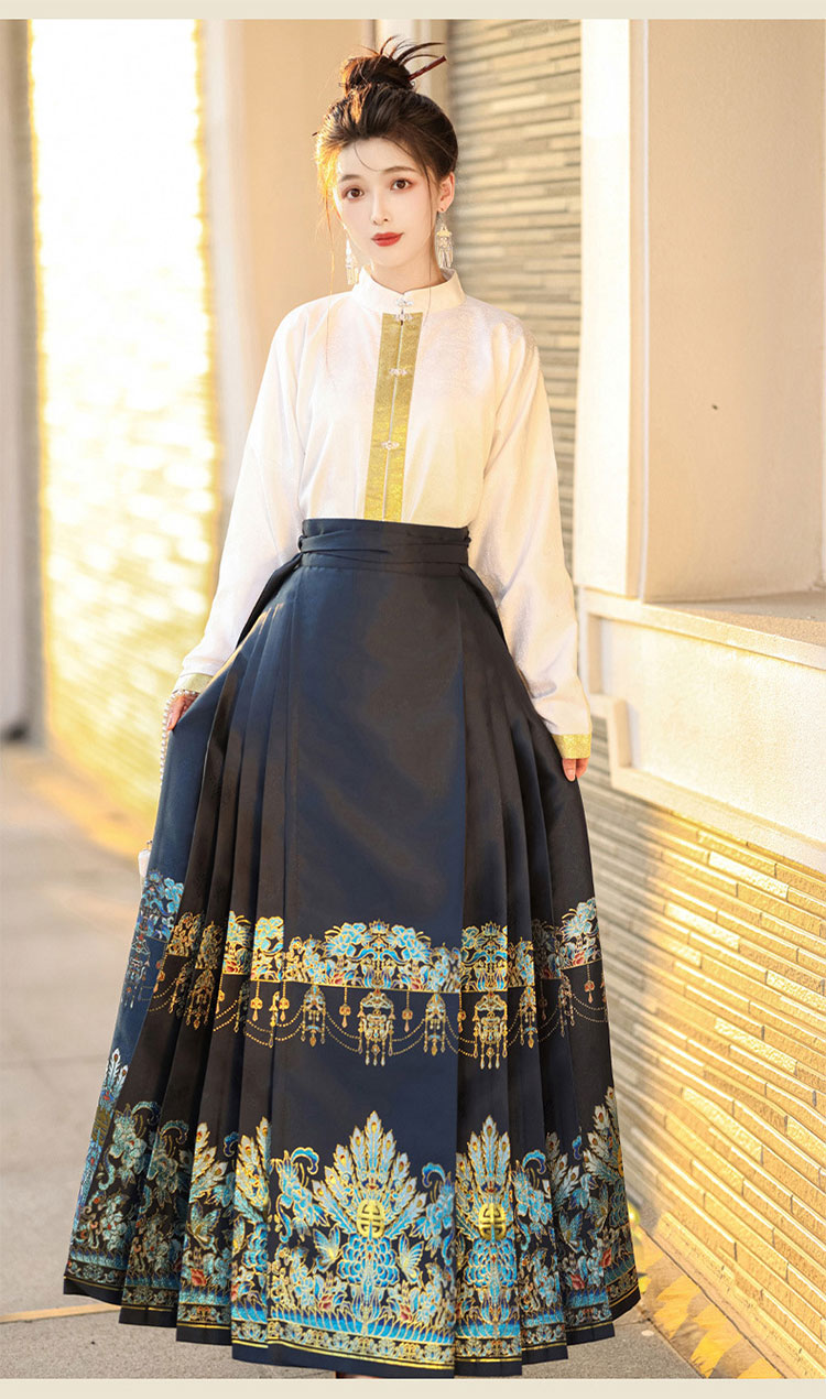 中華 漢服 馬面裙 中華風 スカート 2点 セット(立襟トップス、スカート)-10