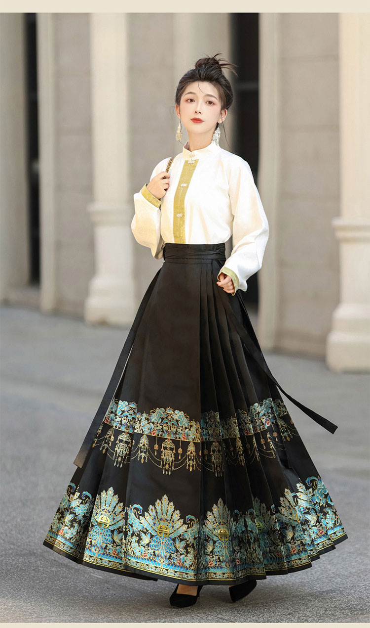 中華 漢服 馬面裙 中華風 スカート 2点 セット(立襟トップス、スカート)-11