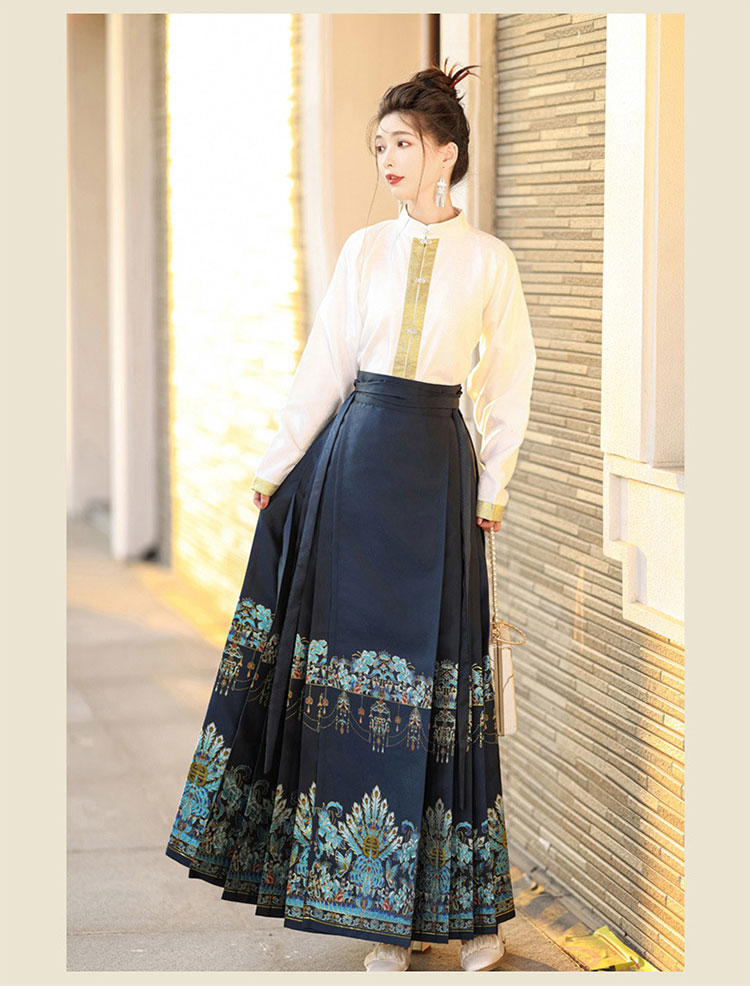 中華 漢服 馬面裙 中華風 スカート 2点 セット(立襟トップス、スカート)-9