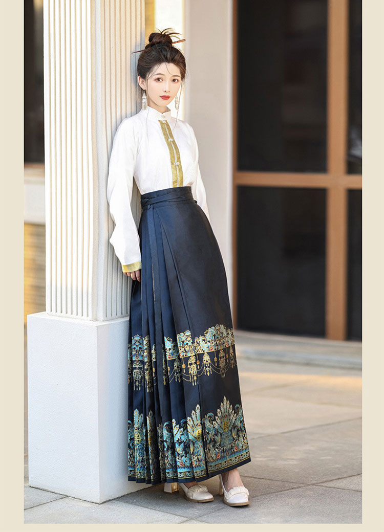 中華 漢服 馬面裙 中華風 スカート 2点 セット(立襟トップス、スカート)-12