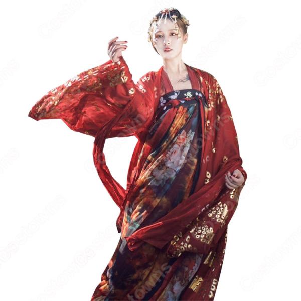 漢服 襦裙 コスプレ衣装 中国伝統衣装 古風 可愛い ハロウィン 学園祭 パーティー おしゃれコス服 花柄 赤漢服元の画像