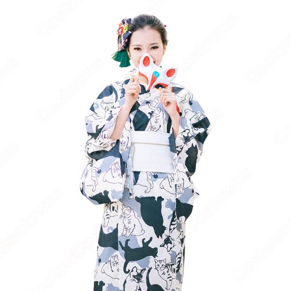 女性浴衣 和服 着物 日本伝統服 舞台衣装 コスプレ衣装 コスチューム 写真撮影 演出服 猫柄元の画像