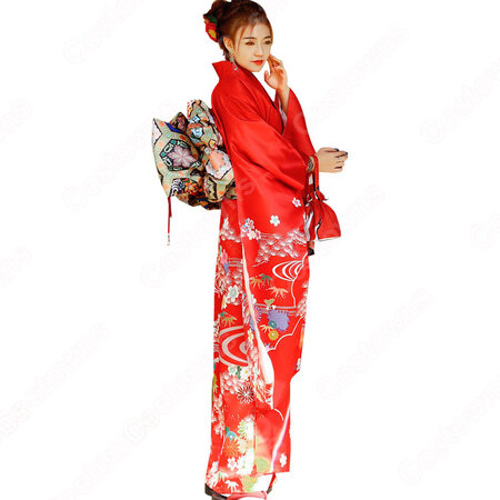 女性浴衣 和服 着物 日本伝統服 舞台衣装 コスプレ衣装 コスチューム 写真撮影 演出服 花柄 赤振袖 Costowns