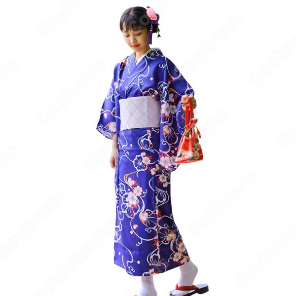 女性浴衣 和服 着物 日本伝統服 舞台衣装 コスプレ衣装 コスチューム 写真撮影 演出服 紺色 花柄元の画像