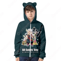 『鬼滅の刃』ハロウィーン周辺 パーカー ジッパー付き 猫耳フード付き カジュアル スウェット アニメ プリント 長袖 記念シャツ キッズ おしゃれ イベント 衣装 男女兼用(202×202)