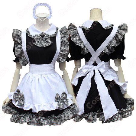 黒と白のメイド服 クラシック 白襟 半袖 格子柄 メイド コスプレ 衣装 コスチューム 仮装 Costowns