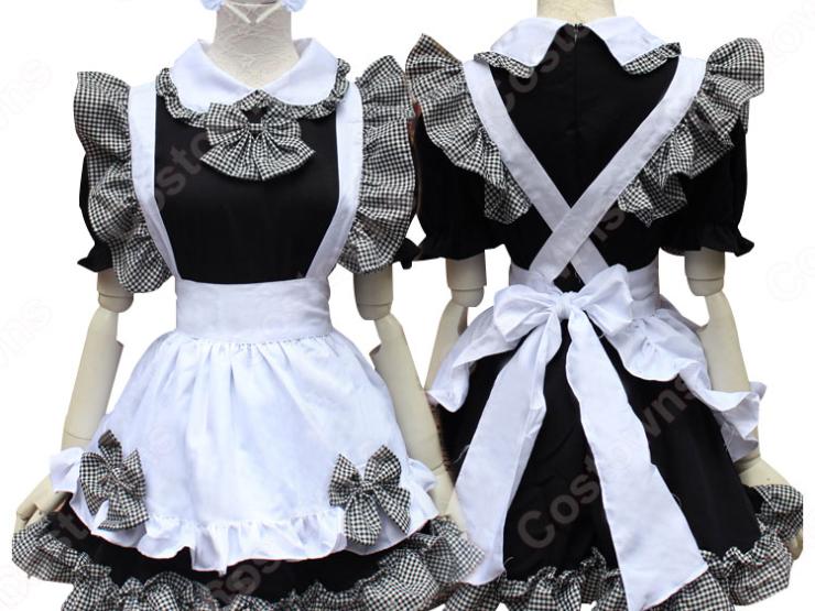 黒と白のメイド服 クラシック 白襟 半袖 格子柄 メイド コスプレ 衣装 コスチューム 仮装 - Costowns