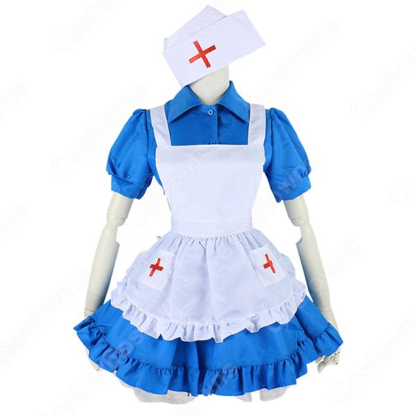 ナース風つきブルーメイド服 赤十字マークのナースキャップ 半袖 ワンピース 看護婦 コスプレ 衣装 コスチューム 仮装元の画像