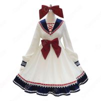 セーラー風 ロリータ (ロリィタ) ワンピース 腰の大きめな蝶結びもアクセントになります 長袖 レース 襟の飾り物(その他 コスプレ衣装)