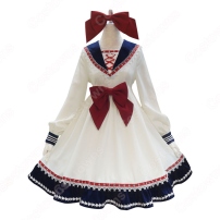 セーラー風 ロリータ (ロリィタ) ワンピース 腰の大きめな蝶結びもアクセントになります 長袖 レース 襟の飾り物(202×202)