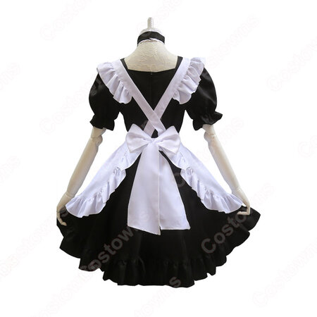 可愛い猫耳メイドな定番型メイド服 4点セット 半袖 黒ワンピース 白エプロン Costowns