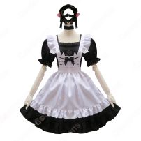 可愛い猫耳メイドな定番型メイド服 4点セット 半袖 ワンピース メイドコスチューム 黒ワンピース 白エプロン(メイド服)