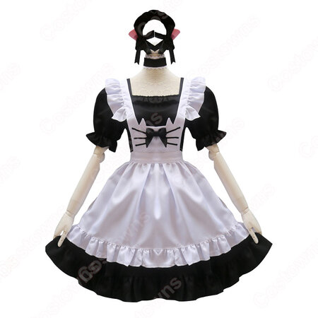 可愛い猫耳メイドな定番型メイド服 4点セット 半袖 黒ワンピース 白エプロン Costowns