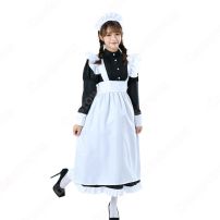 白黒ロング丈メイド服 長袖 こちら人気のメイドコスチューム 白エプロン 黒ワンピース ロング丈が新鮮です(メイド服)