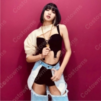 BLACKPINK（ブラックピンク） リサ(LISA) 風 コスプレ 衣装 ジーンズ キャミソール アームカバー ショートパンツ 人気グループ アイドル制服(202×202)