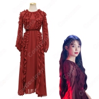 IU（アイユー）ワインレッド パーティードレス ワンピース 長袖 丸襟 『ホテルデルーナ(호텔 델루나、Hotel Del Luna)』 コスチューム 変装(202×202)