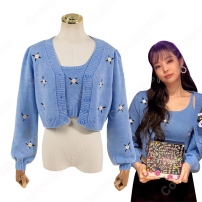 BLACKPINK（ブラックピンク） ジェニー（JENNIE）風 クロップトップ ニットベスト ニット カーディガン コート （ブルー / 青系）(202×202)