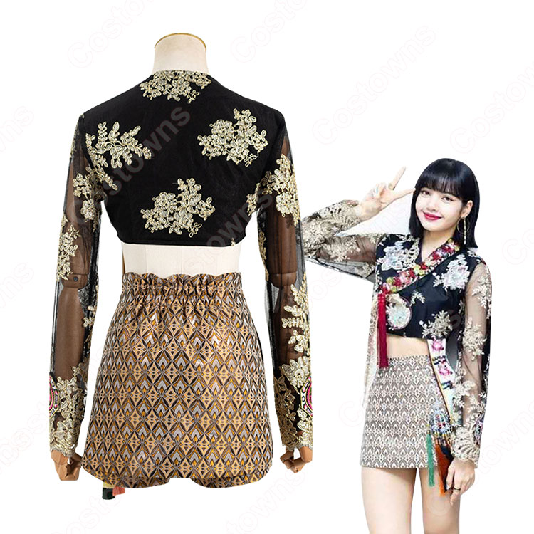 ブラックピンク リサ 風 刺繍 ショート丈 トップス Aラインスカート