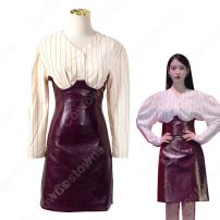 IU（アイユー）風 ストライプシャツ ハーフスカート(ワインレッド) 『ホテルデルーナ(호텔 델루나、Hotel Del Luna)』 コスプレ衣装(その他)