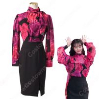 IU（アイユー）風 フローラルプリントブラウス ハーフ（長袖/スカーフ・カラー） スカート（黒）(その他)